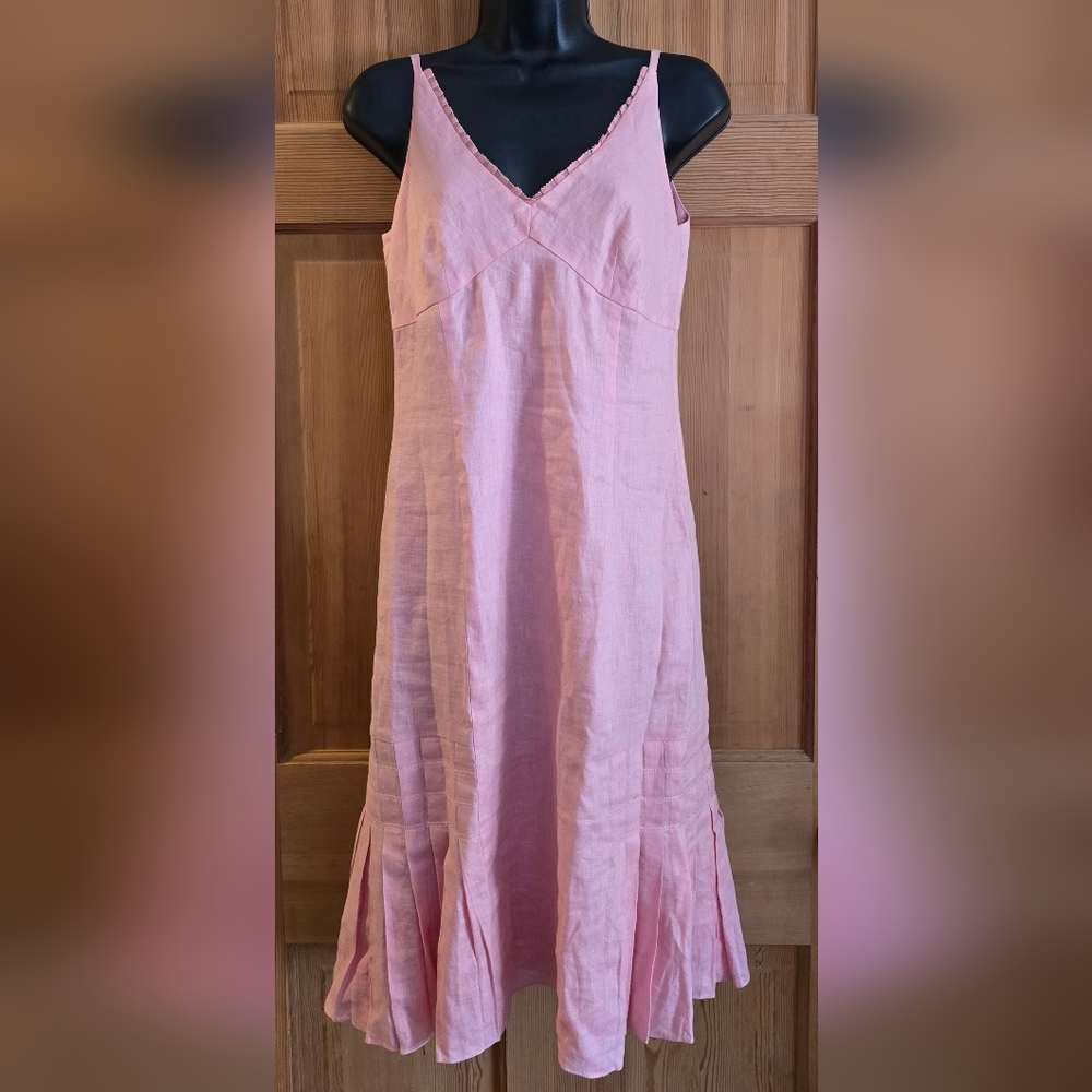 Ann Taylor Pretty Pink V- Neck Linen Dress Adorable Pleats Vacation Cruise Date - Picture 2 of 9